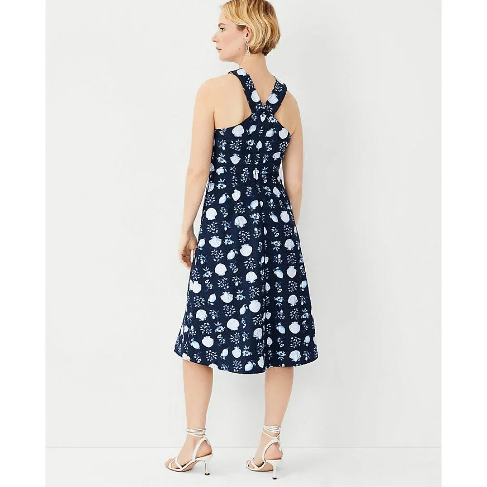 NEW Ann Taylor Shell Tile Halter Flare Dress Cotton Linen Blend Navy Women's 4 - Picture 2 of 3